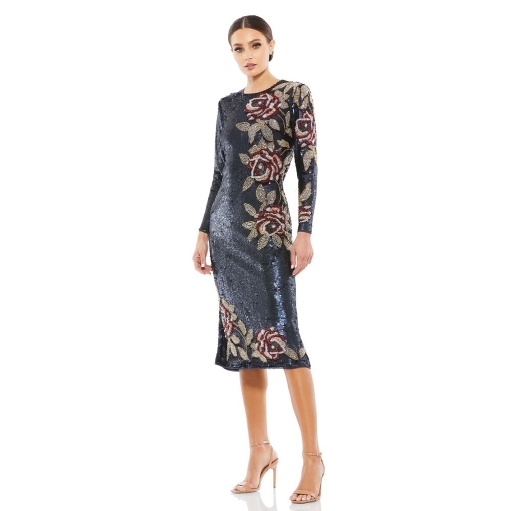 Mac Duggal 93624 NWT SEQUINED ASYMMETRICAL FLORAL LONG SLEEVE MIDI DRess - Picture 2 of 10